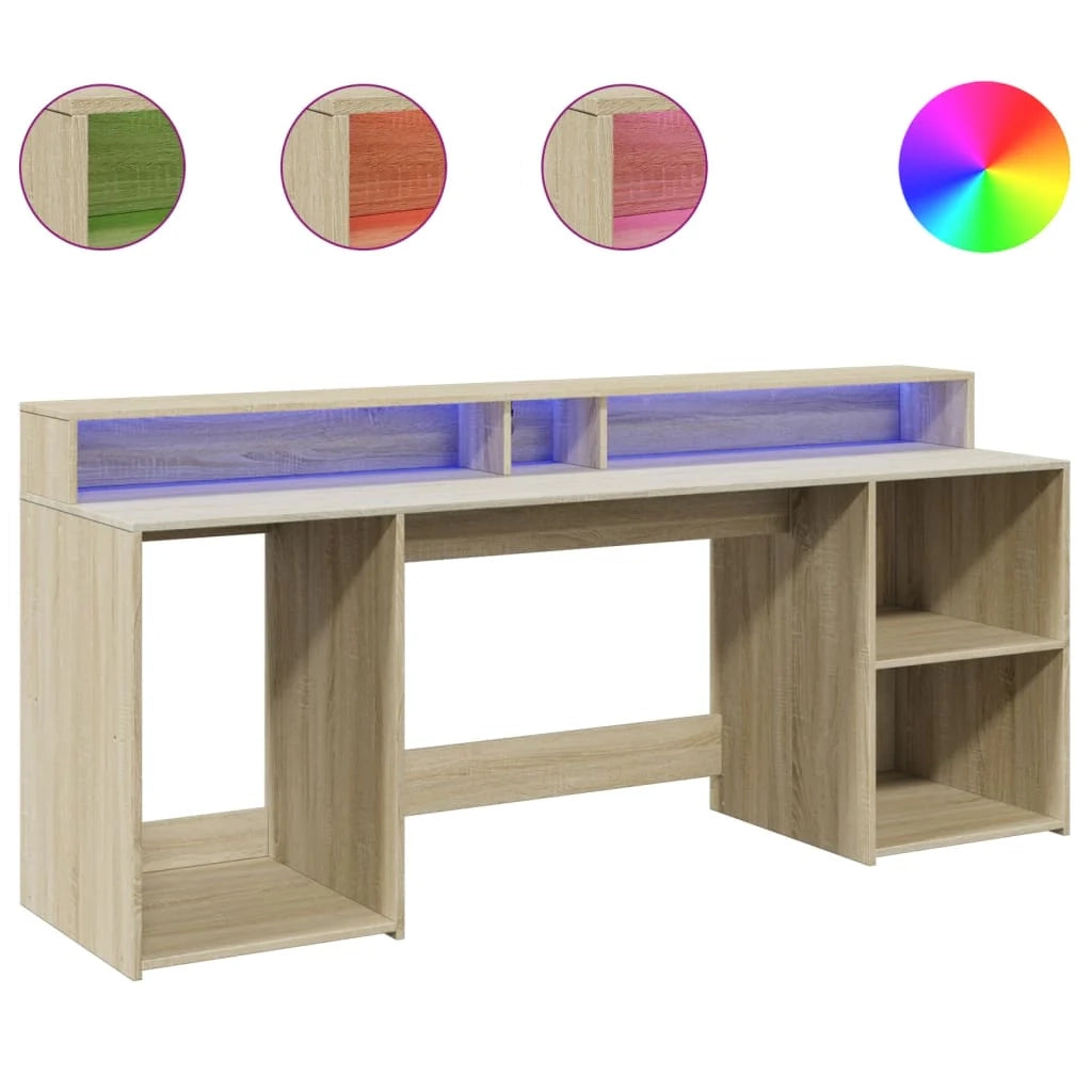 Scrivania da ufficio postazione di lavoro mobile per computer scrivania da studio con luci a LED legno ingegnerizzato rovere Sonoma marrone 02_0023425