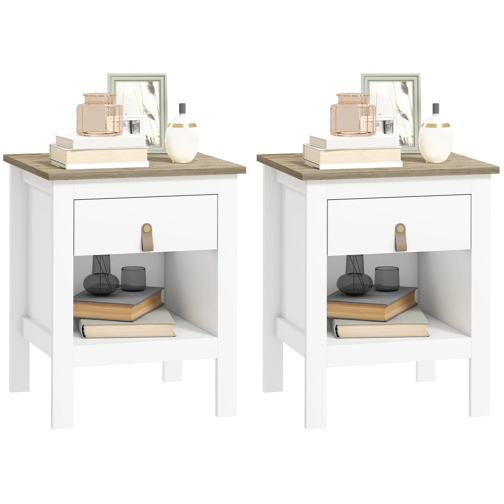 Set 2 Comodini con Cassetto e Ripiano Aperto 45x40x55 cm in Legno Bianco e Rovere