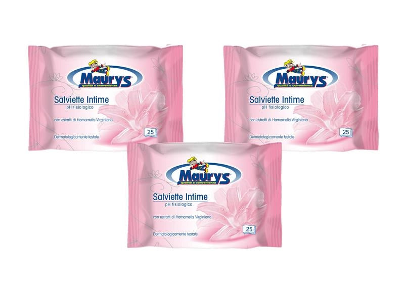 KIT SET 3 PZ MAURY'S SALVIETTE DETERGENTI UMIDIFICATE INTIME 25PZ PH FISIOLOGICO