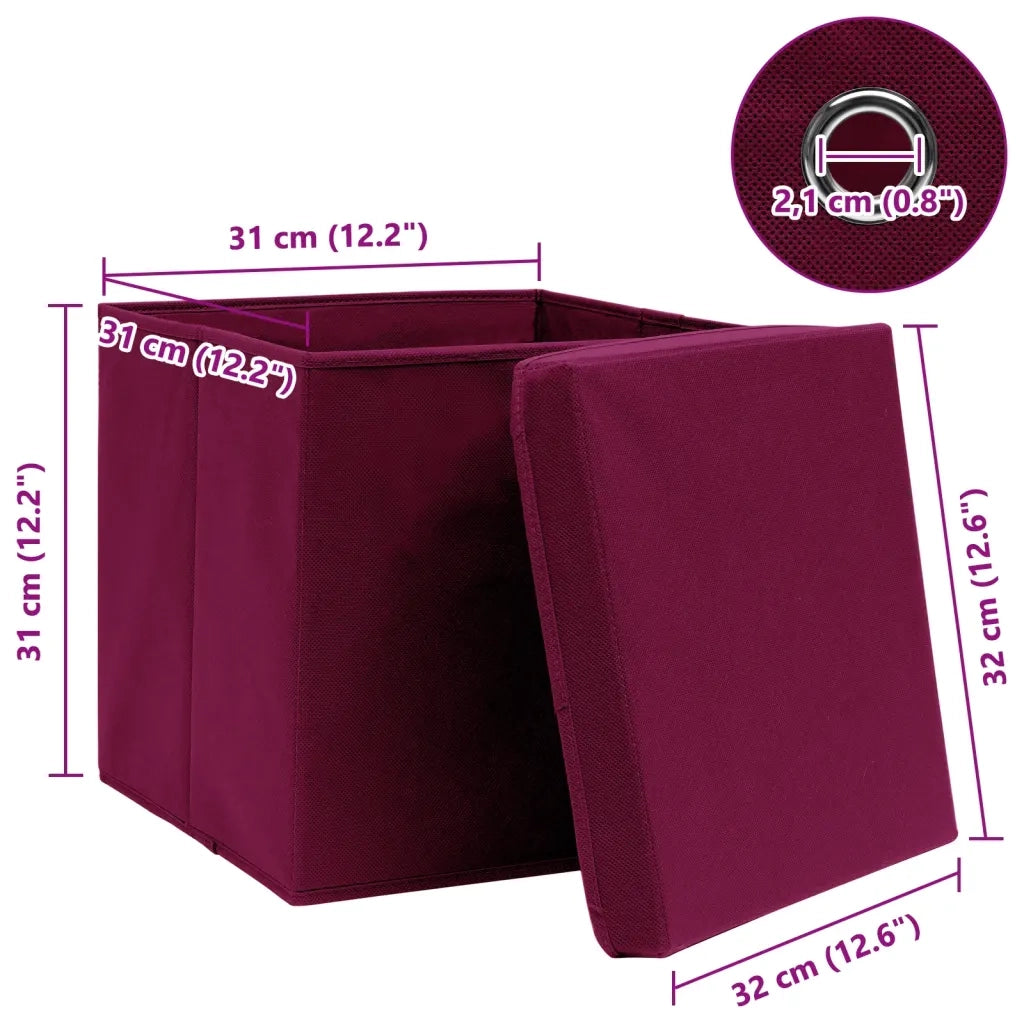 Scatole con Coperchi 4pz Rosso Scuro 32x32x32 cm Tessuto 288342