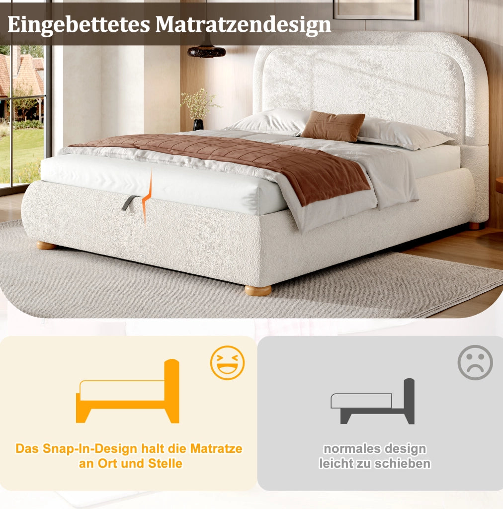 Letto contenitore con rete a doghe in bouclé bianco