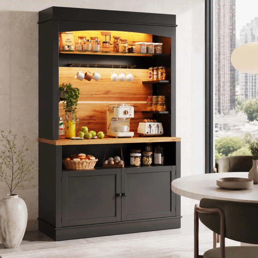 Credenza alta da cucina con LED USB, 107x43x184 cm, nera