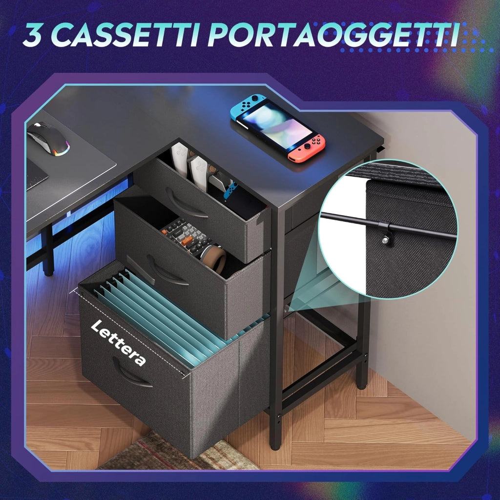 Scrivania angolare L ¨C zephmum ¨C 123x80 cm, nero, con cassetti, USB e supporto monitor