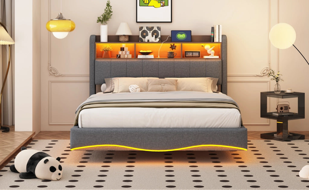 DESMIU Letto matrimoniale 140 × 200 cm 2 posti con LED, USB, Type-C e contenitore, senza materasso, grigio