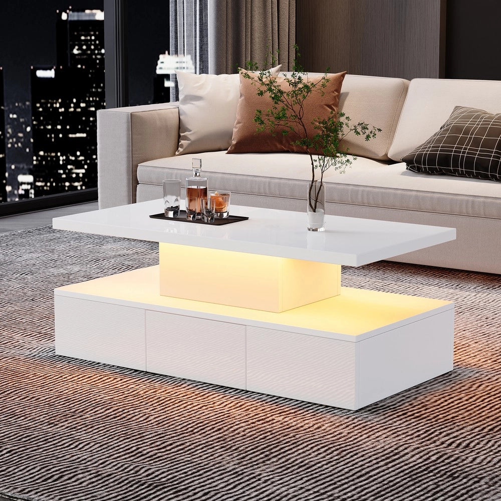 Tavolino da Caff¨¨ con LED 16 Colori e Cassetto ¨C MINIMAL ¨C Bianco Lucido, Rettangolare, 2 Ripiani