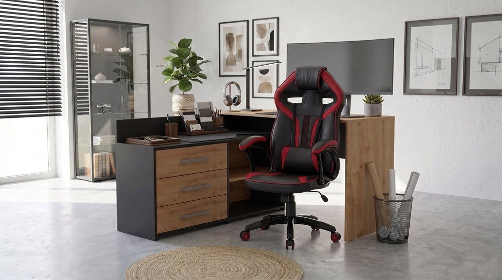 Set scrivania DANY angolare antracite e rovere artisan + poltrona DRIFT rosso