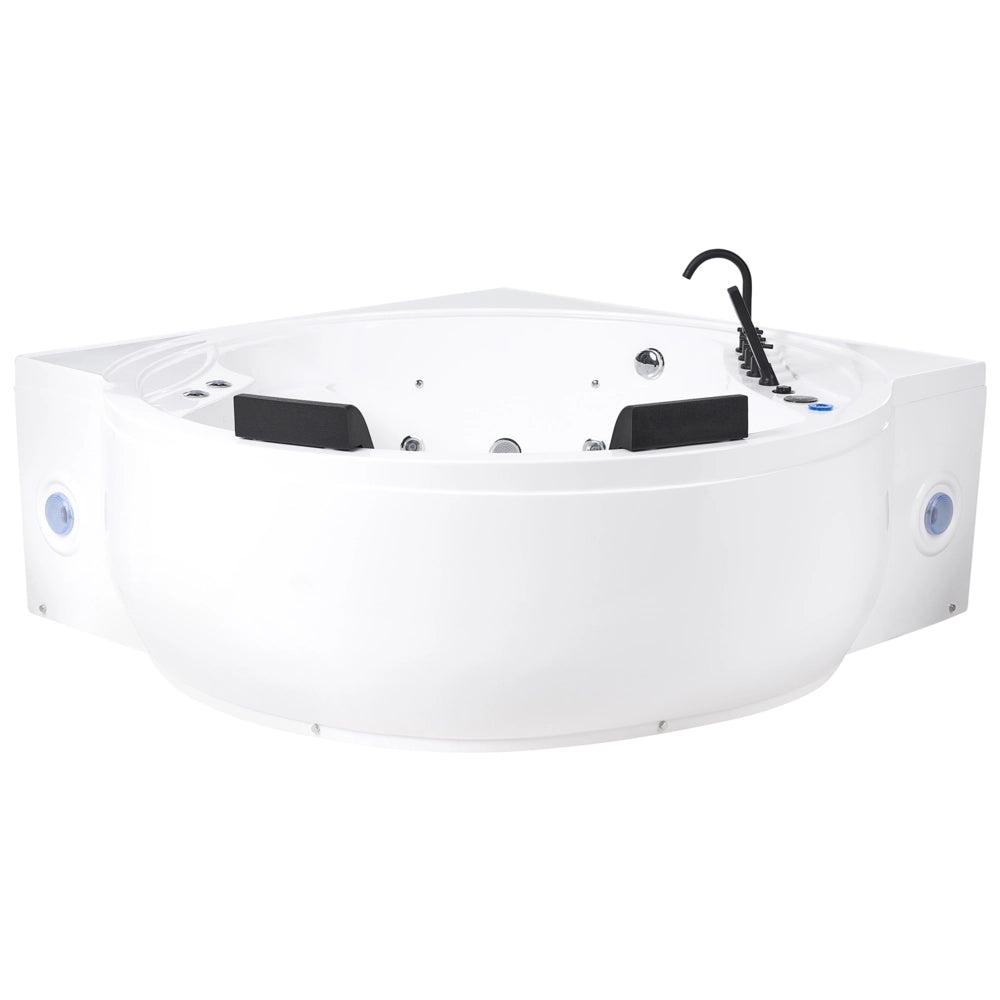 Vasca idromassaggio angolare in acrilico bianco 2250 x 1600 mm con luci LED altoparlanti Bluetooth porta USB getti massaggianti e poggiatesta
