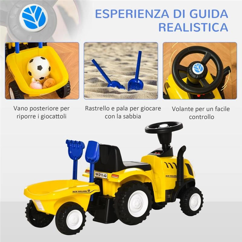 TRATTORE PER BAMBINI CAVALCABILE CON RIMORCHIO RASTRELLO E PALA 12-36 MESI