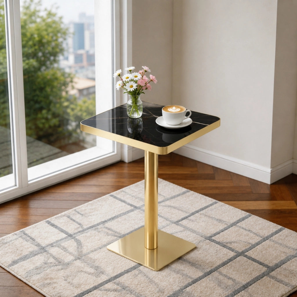 TAVOLO quadrato 60x60 cm effetto marmo con struttura in metallo nero