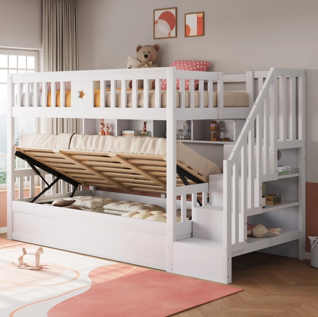 Letto a soppalco 90x200 cm con vano idraulico, scala contenitore e ripiani