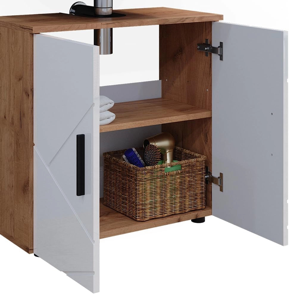 Set di mobili da bagno Irma, Bianco lucido/oro power oak, 80 cm, composto da specchio da bagno e mobile sottolavabo