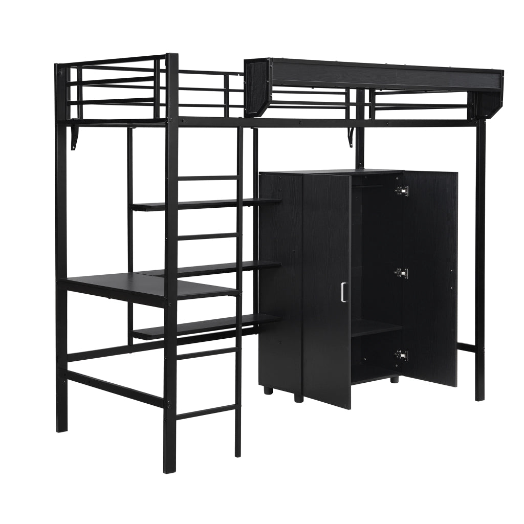 Letto a Soppalco 90x200 cm - Scrivania; Armadio; Ripiani e Scala a 5 Gradini - Nero