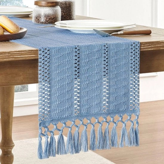 Telaio da tavola in stile boemo con mix di cotone-lino-polyester e lino - 30 x 400 cm Telaio rustico da campagna - Decorazione da parete in tessuto - Telaio da tavola con nastri legati - Ideale per un tavolo da giardino o un centro da tè