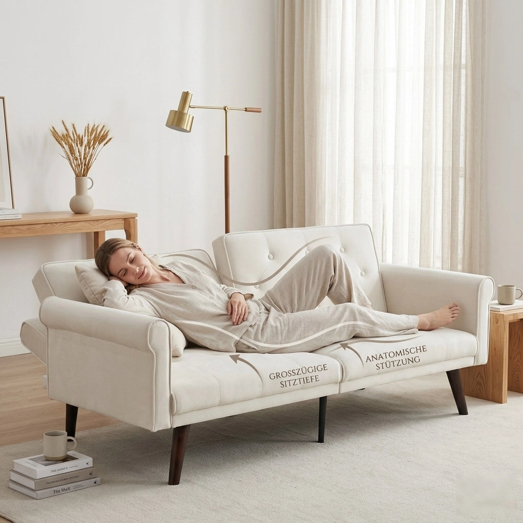 Divano letto 2 posti con schienali regolabili separatamente in velluto beige per soggiorno e ospiti 180 kg