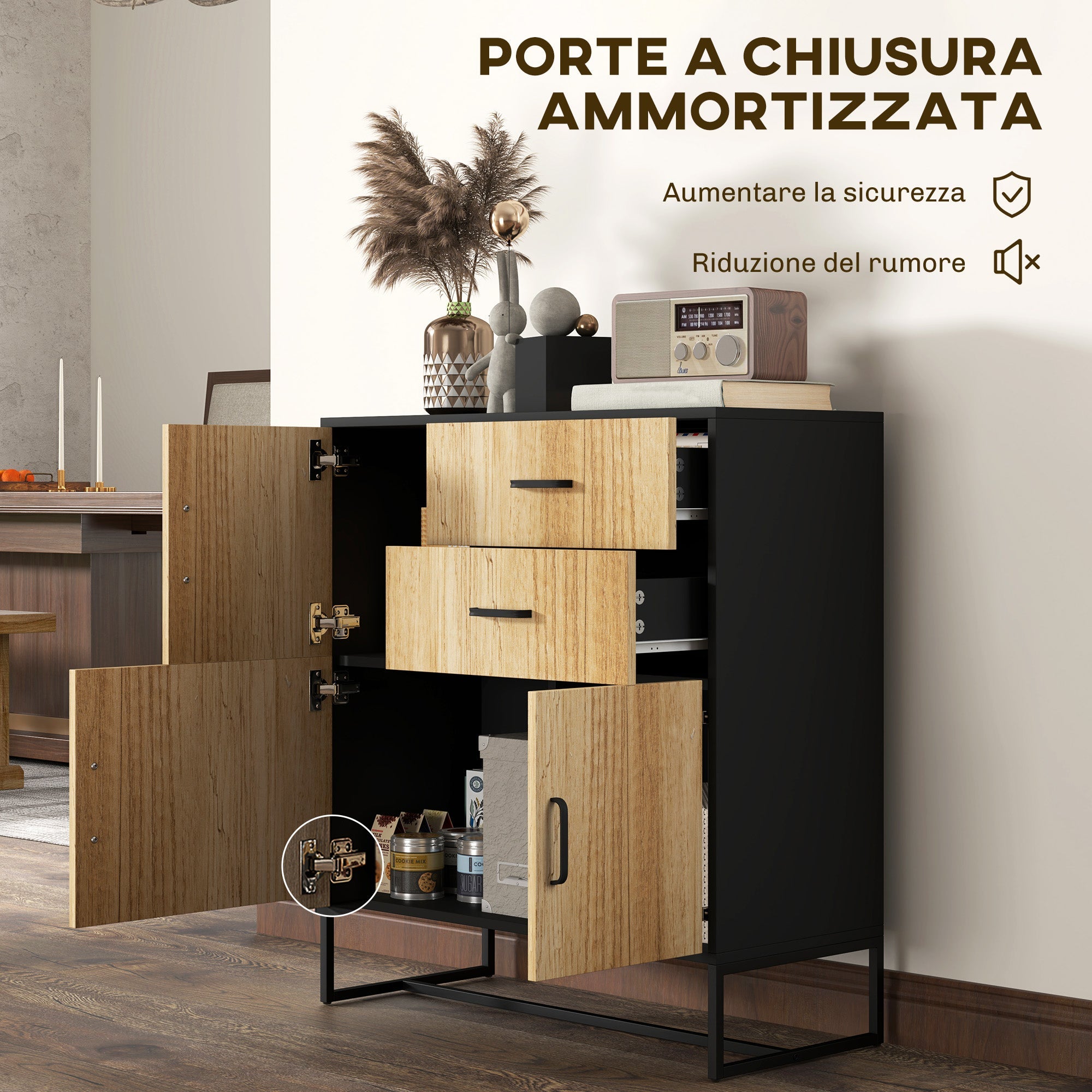 Credenza Mobile Basso Multiuso con 3 Armadietti e 2 Cassetti 80x35x88 cm Nero e color Legno