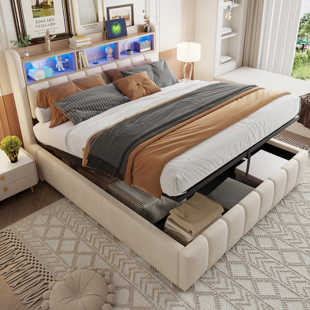 OKWISH Letto Contenitore 180×200 cm, Letto Matrimoniale con LED Regolabile, USB, Tipo C e Mensole, senza Materasso, in Tessuto Beige