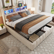 OKWISH Letto Contenitore 180×200 cm, Letto Matrimoniale con LED Regolabile, USB, Tipo C e Mensole, senza Materasso, in Tessuto Beige