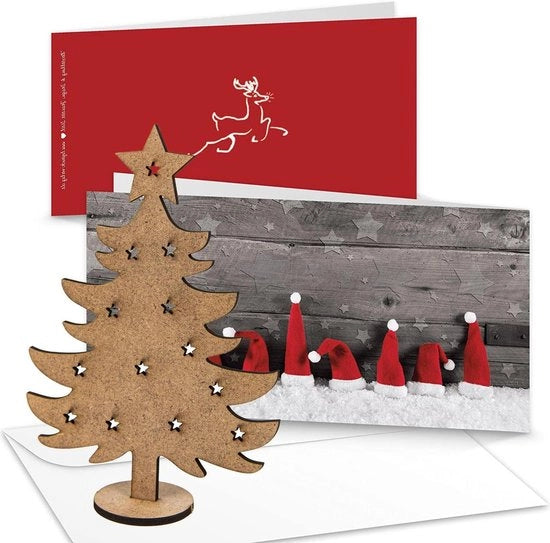Decine di cartoline natalizie - formato DIN lungo - rosso bianco grigio - inclusi buste - con mini albero di Natale in legno - cartolina con regalo