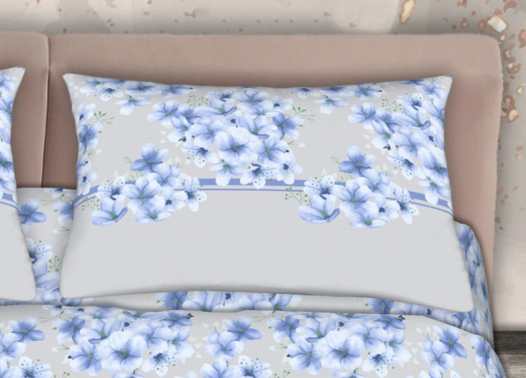 Completo Lenzuola Stiro Facile 100% Cotone Made Italy Effetto Seta Fiorellino - Matrimoniale - Azzurro
