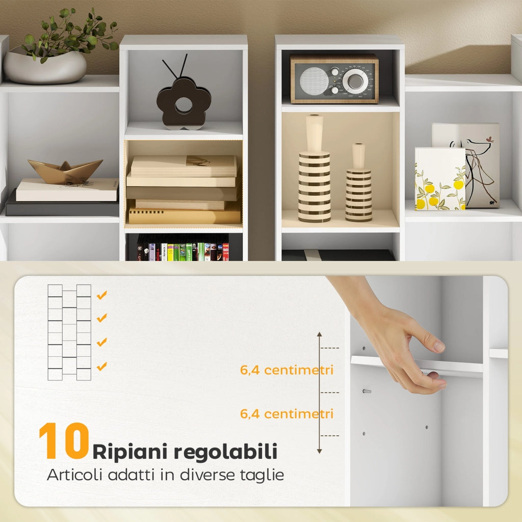 Libreria Moderna in Legno Alta 181 cm con 21 Scomparti e 10 Ripiani Regolabili, Bianco