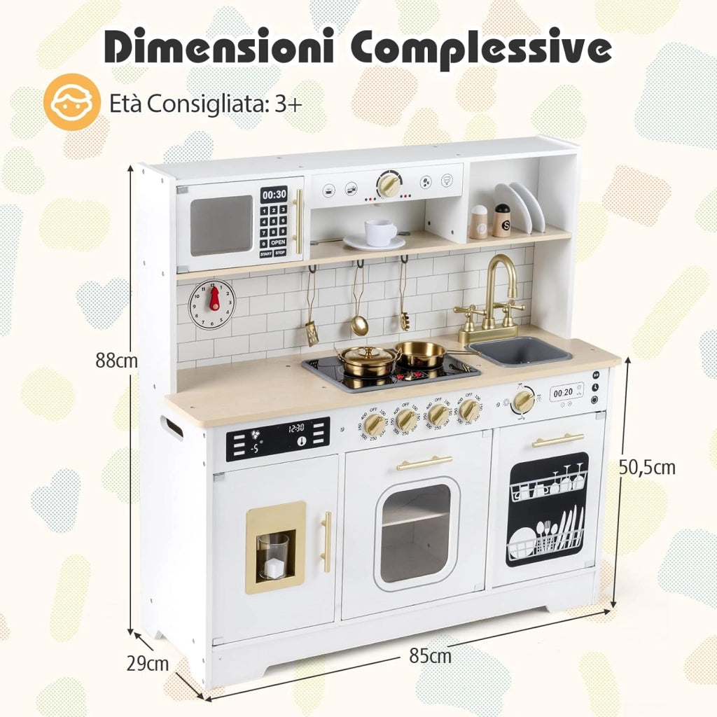 Cucina Giocattolo per Bambini, Set Cucina in Legno con Luci e Suoni Realistici, Fornelli, Lavandino, Rubinetto, Forno, Microonde e Macchina del Caffè, per Bambini 3+ Anni (Bianco)