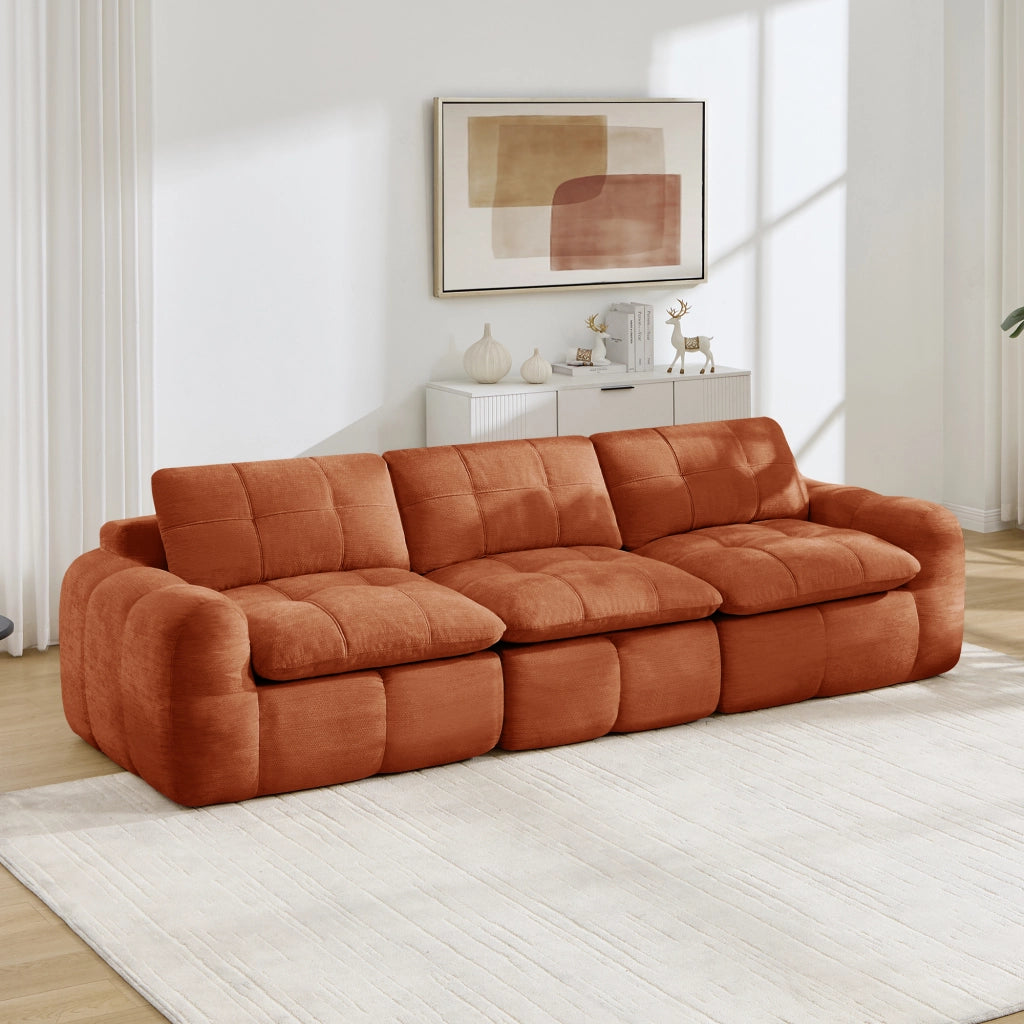 Divano modulare senza struttura 3 posti con cuciture a quadro cuscini ergonomici in chenille arancione per relax