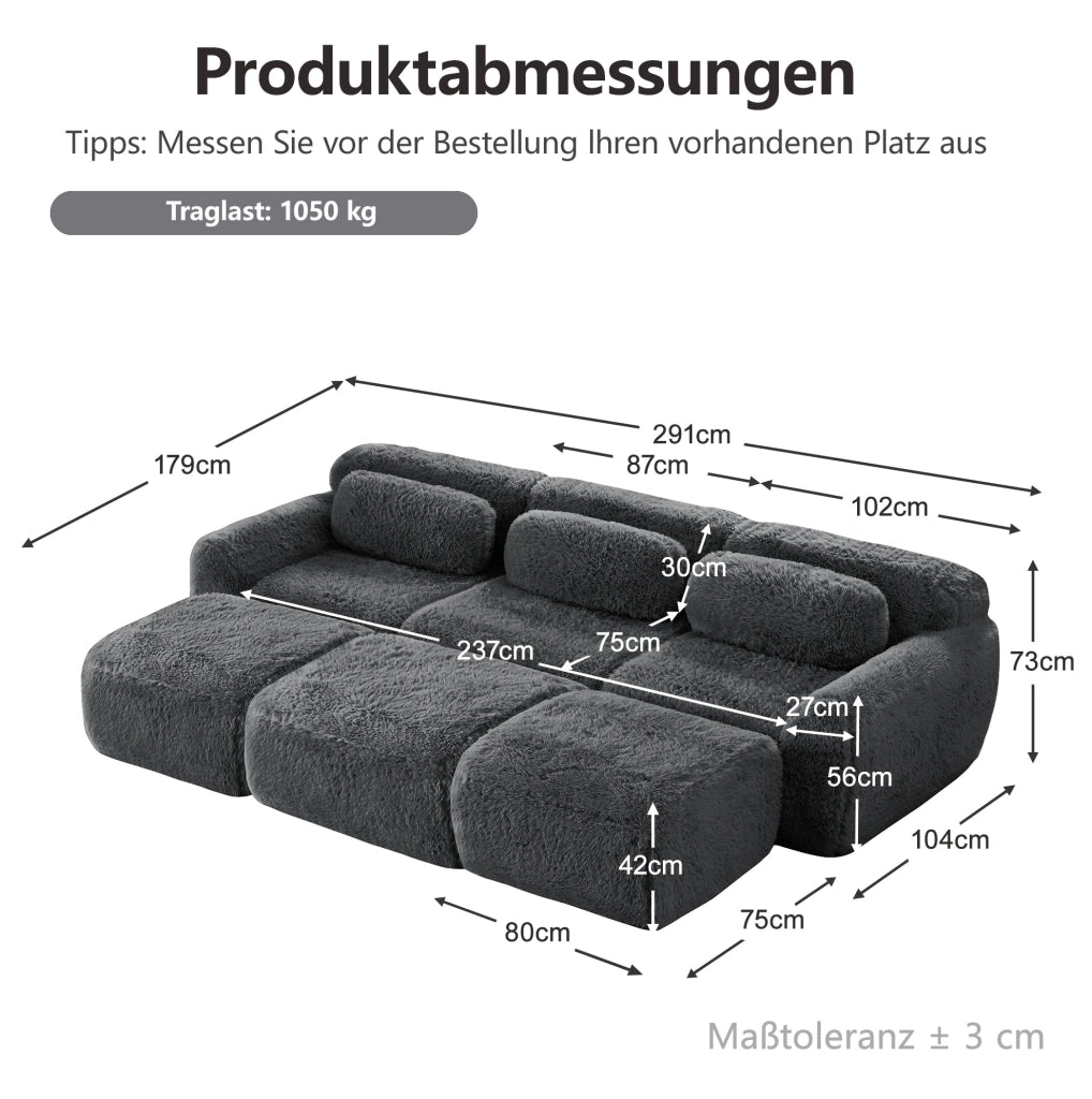 Divano modulare angolare 291x179x73 cm in tessuto peluche grigio; senza montaggio