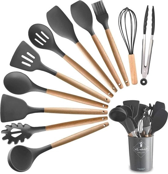 Set di maniglie in legno premium a 11 pezzi con silicone - BPA gratuito - grigio - tazza per cibi scheggiatrice cucchiaio da servire server per spaghetti ciotola per uova cucchiaio a slot