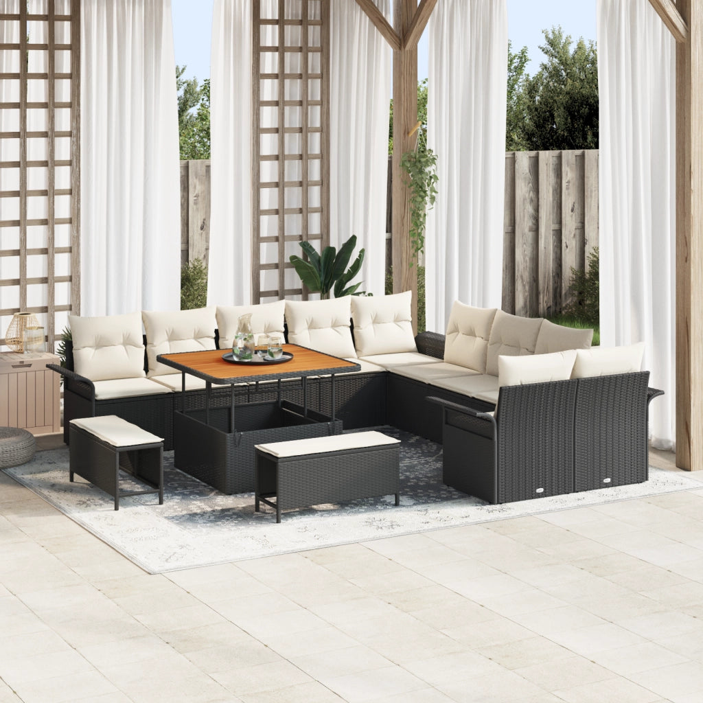 Set Divano da Giardino  con Cuscini Neri in Polyrattan Acacia