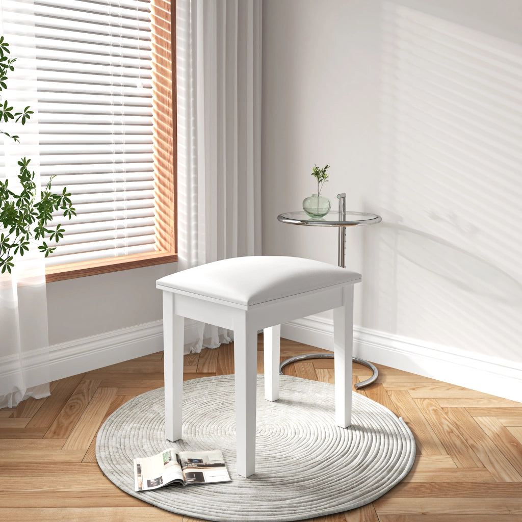 Sgabello da trucco imbottito con gambe in legno, in PU bianco