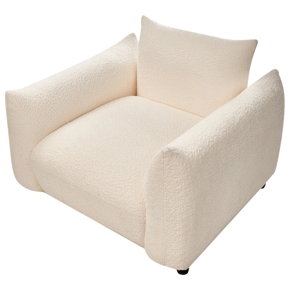 Poltrona Tessuto Boucle Bianco Morbido Nubby Gambe Nere Schienale Curvo Stile Retro Glam Art Decor