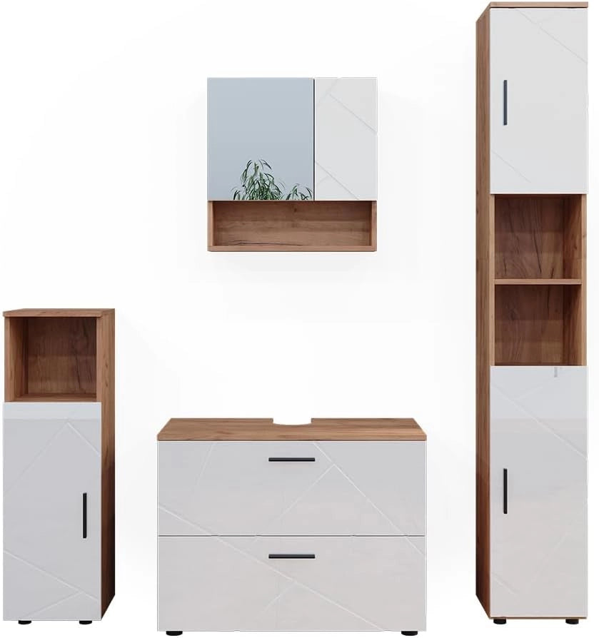 Set di mobili da bagno Irma, Bianco lucido/oro power oak, 80 cm, composto da mobile lavabo, pensile a specchio, colonna e base media