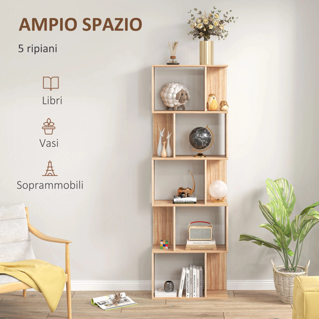 Mobile Libreria in Legno a 5 Ripiani con Divisorio, 60x24x184.5 cm, Color Legno