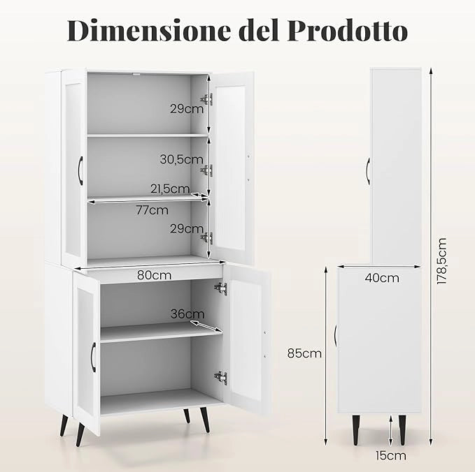 Credenza da Cucina Salvaspazio, Armadio Dispensa con 4 Ante Trasparenti, Ripiano Regolabile e Gambe in Metallo, Mobiletto Alto per Soggiorno e Sala da Pranzo, 80 x 40 x 178,5 cm (Bianco)