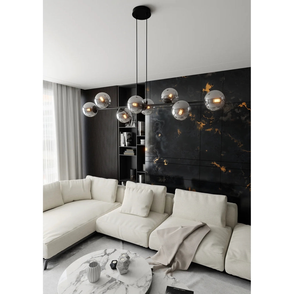 Lampadario Contemporaneo 8 Luci Durga In Acciaio Nero E Sfere In Vetro Fumè