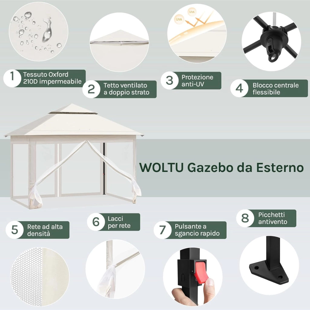 Gazebo da Giardino per Esterni, Gazebo 3x3 Pieghevole Idrorepellente, con Zanzariera Rimovibile, Doppio Tetto, Borsa per Trasporto, Resistente ai Raggi UV, Beige
