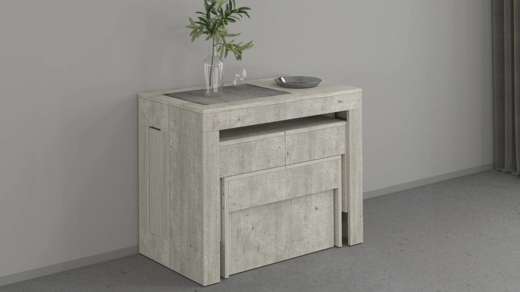Set tavolo e sedie Auditore, Composizione multiuso, Set con consolle e 2 panche allungabili, 100% Made in Italy, 66x25h45 cm, Cemento