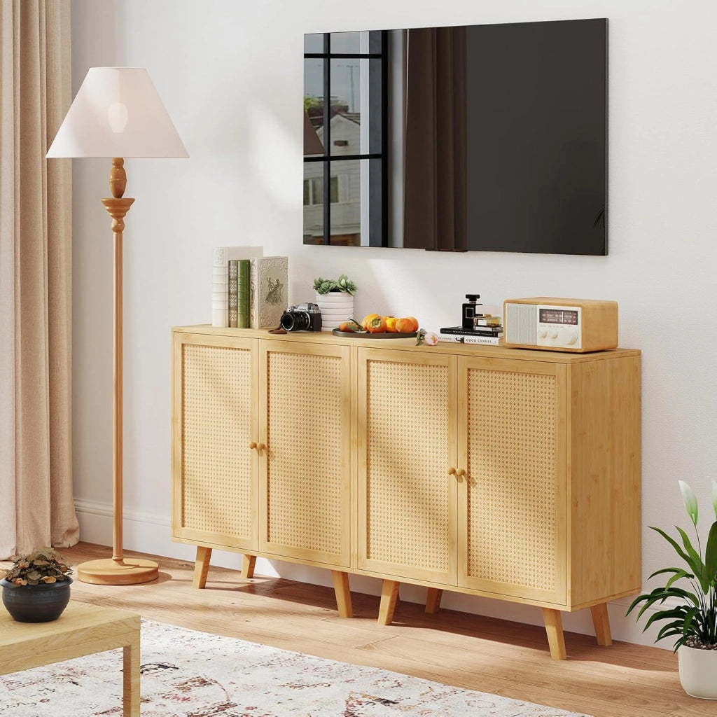 Credenza da cucina in bambù con 2 ante decorate in rattan, 80 x 34,5 x 85 cm, armadio a 2 livelli, stile boemo, mobile per sala da pranzo, soggiorno, camera da letto