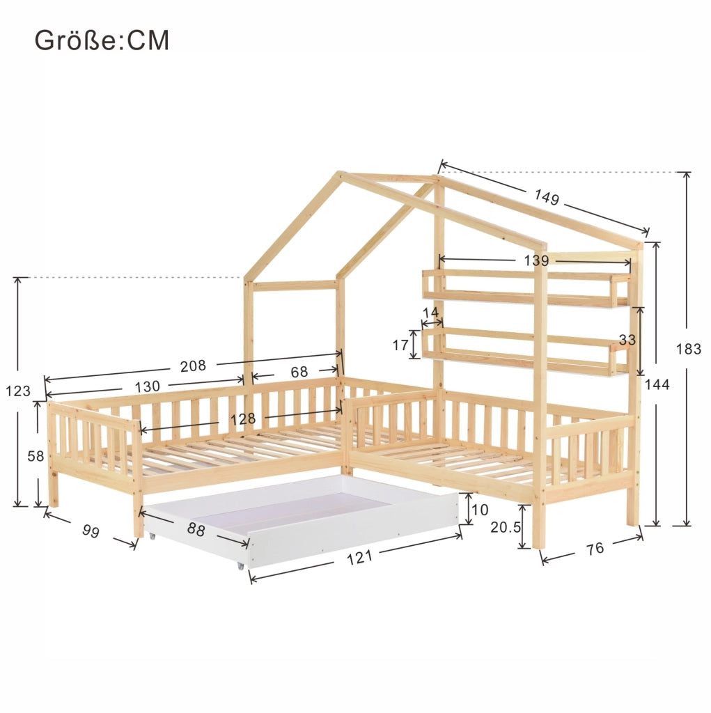 Letto a casetta 243x208x183 cm con cassetto e ripiani in legno naturale
