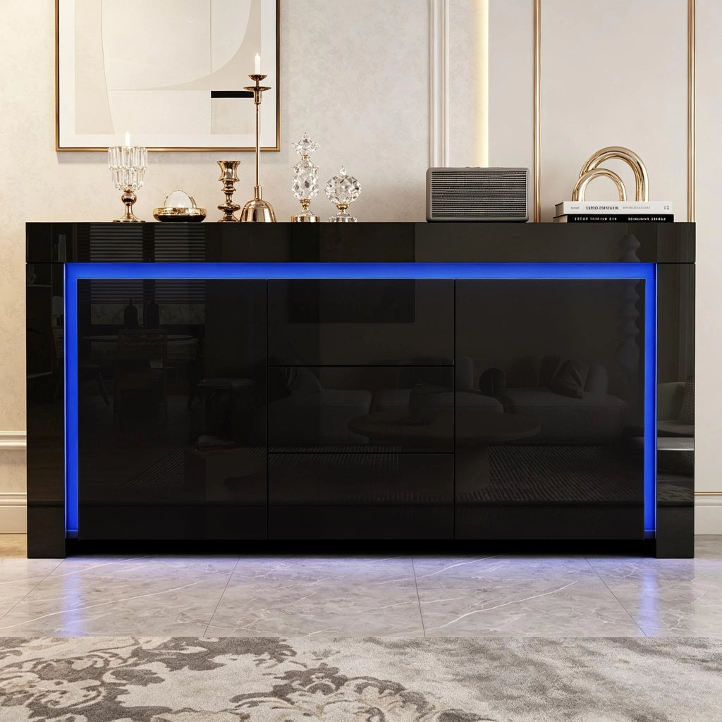 Sideboard moderno 140x40x65 cm con 2 porte; 3 cassetti e LED; nero lucido