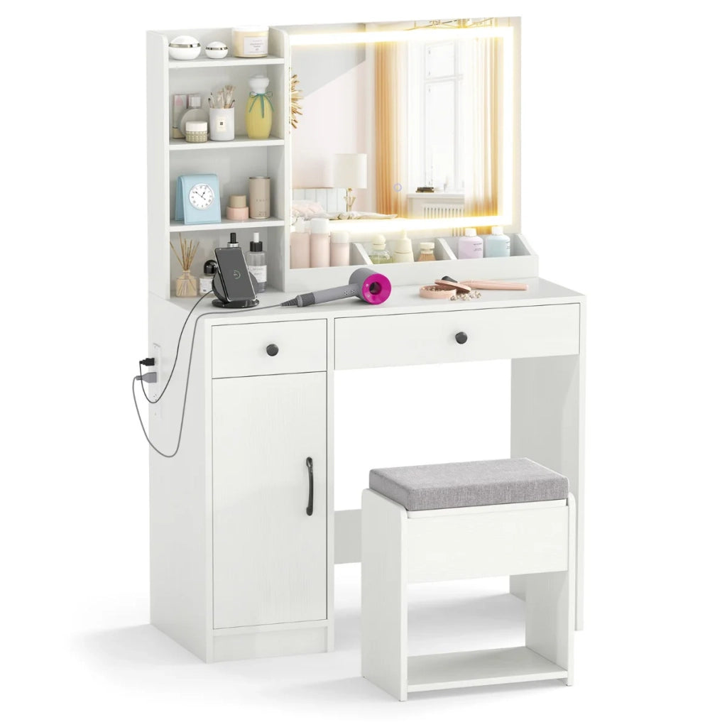 Tavolo da toeletta con specchio LED 90 x 40 x 135 cm pratico contenitore sgabello ergonomico stile minimalista MDF bianco 20_0011517