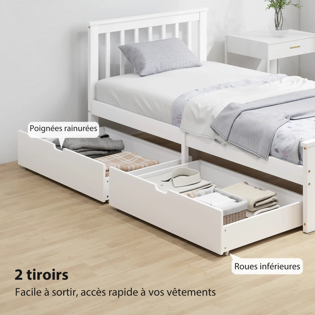 Letto Singolo in Legno Massello con 2 Cassetti e Testiera ¨C Zephmum ¨C 90x190 cm Bianco