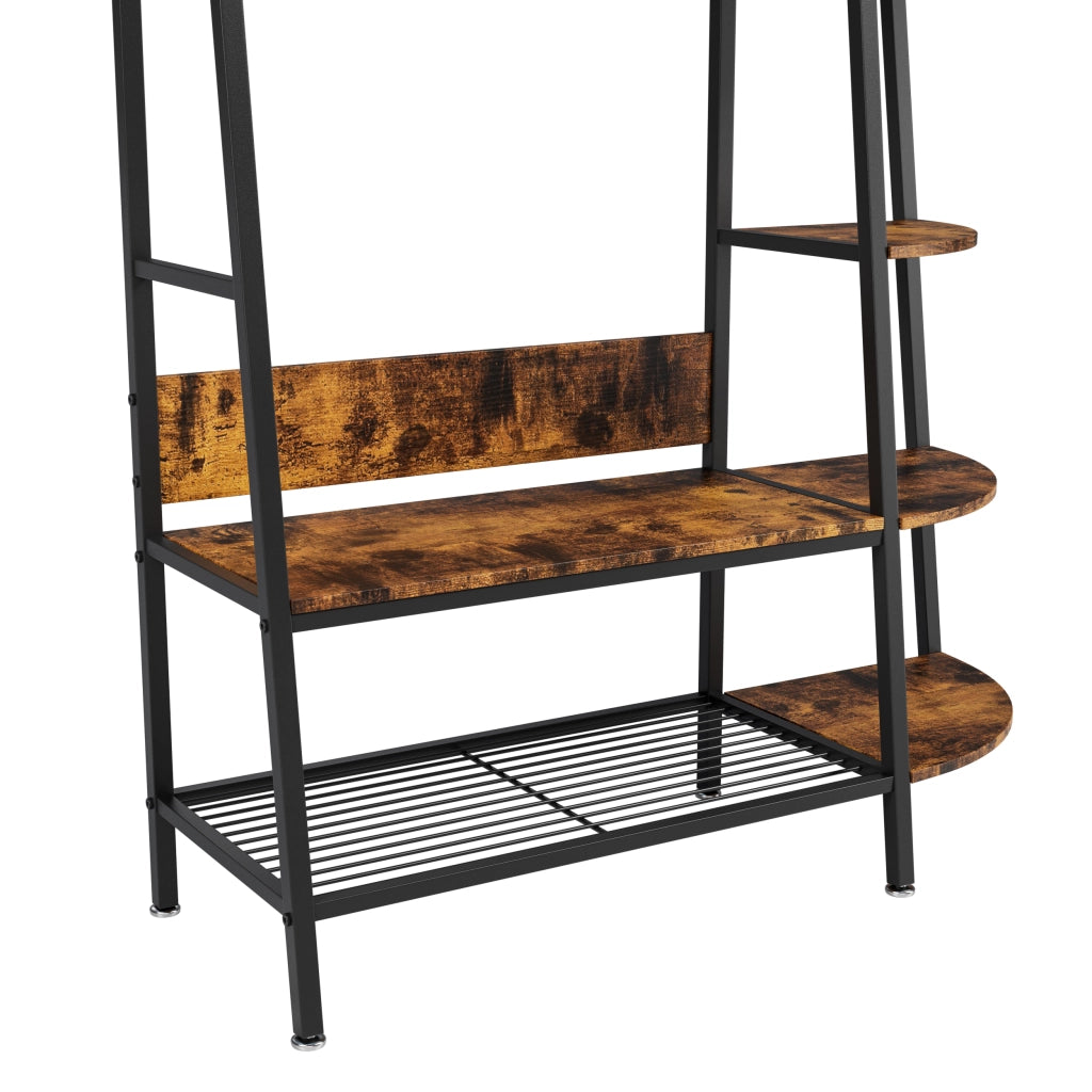 Appendiabiti da terra industrial con 3 ripiani, struttura in metallo e legno, nero/marrone
