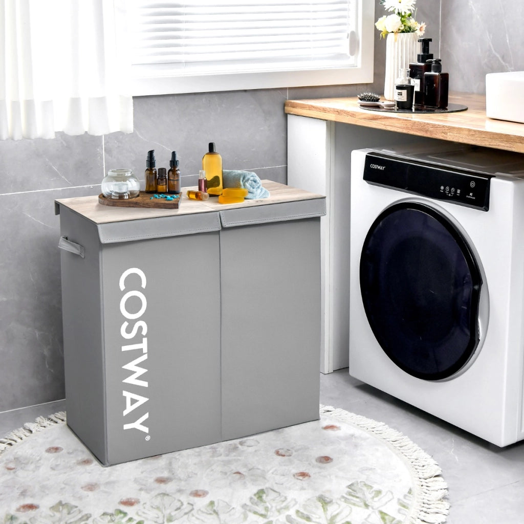 Cesto portabiancheria da 115L con coperchio 2 scomparti, Portabiancheria sporca in tessuto per lavanderia Grigio-Cesti del bucato