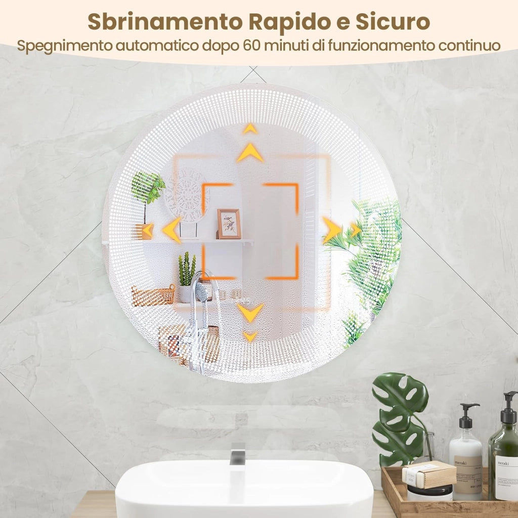 Specchio da Bagno a LED 60x60vm, Specchio Rotondo a Parete con Luci a 3 Colori, Lettura di Tempo e Temperatura, Funziona Anti-Appannamento e Impermeabile IP44, Specchio Cosmetico