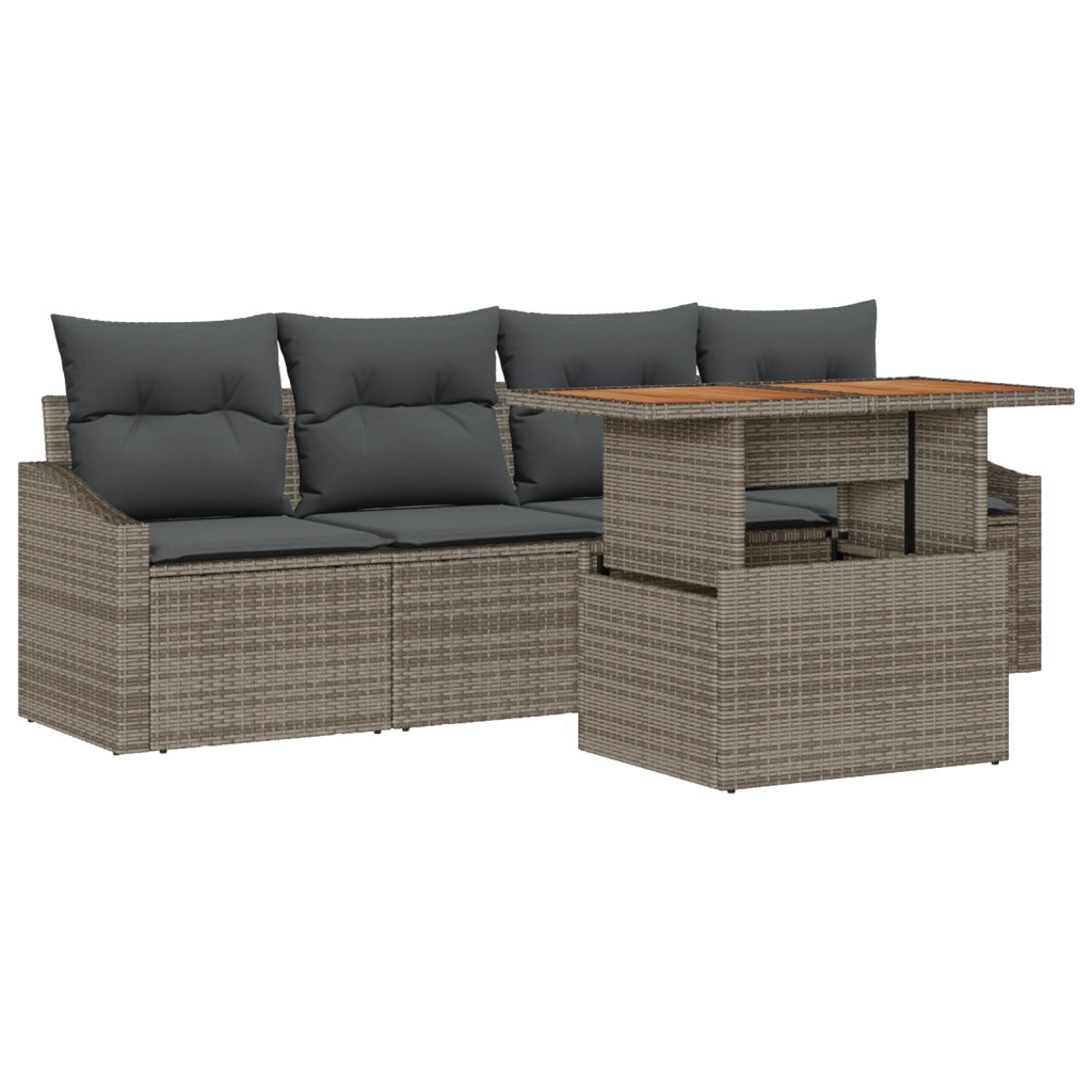 Set da pranzo da giardino 5 pezzi con cuscini grigi in polyrattan e acacia