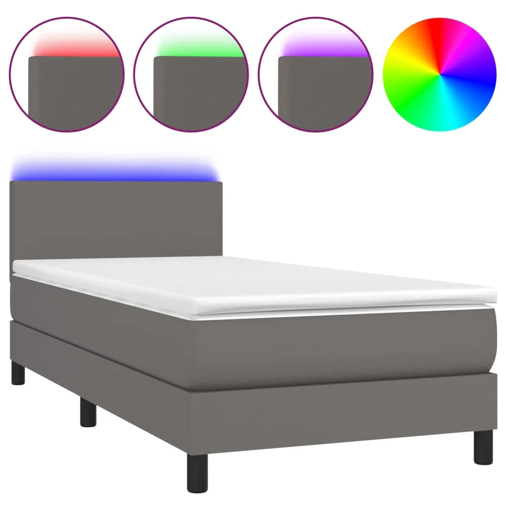 Letto singolo | Letto per adulti | Giroletto Molle con Materasso e LED Grigio 90x200cm Similpelle