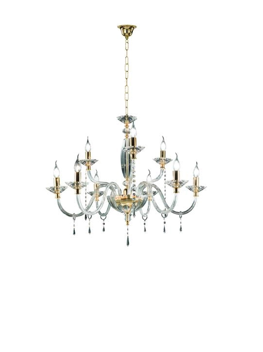 LAMPADARIO FIAMMA/9 CRISTALLO E ORO 9 LUCI ATTACCO E14 D.90CM