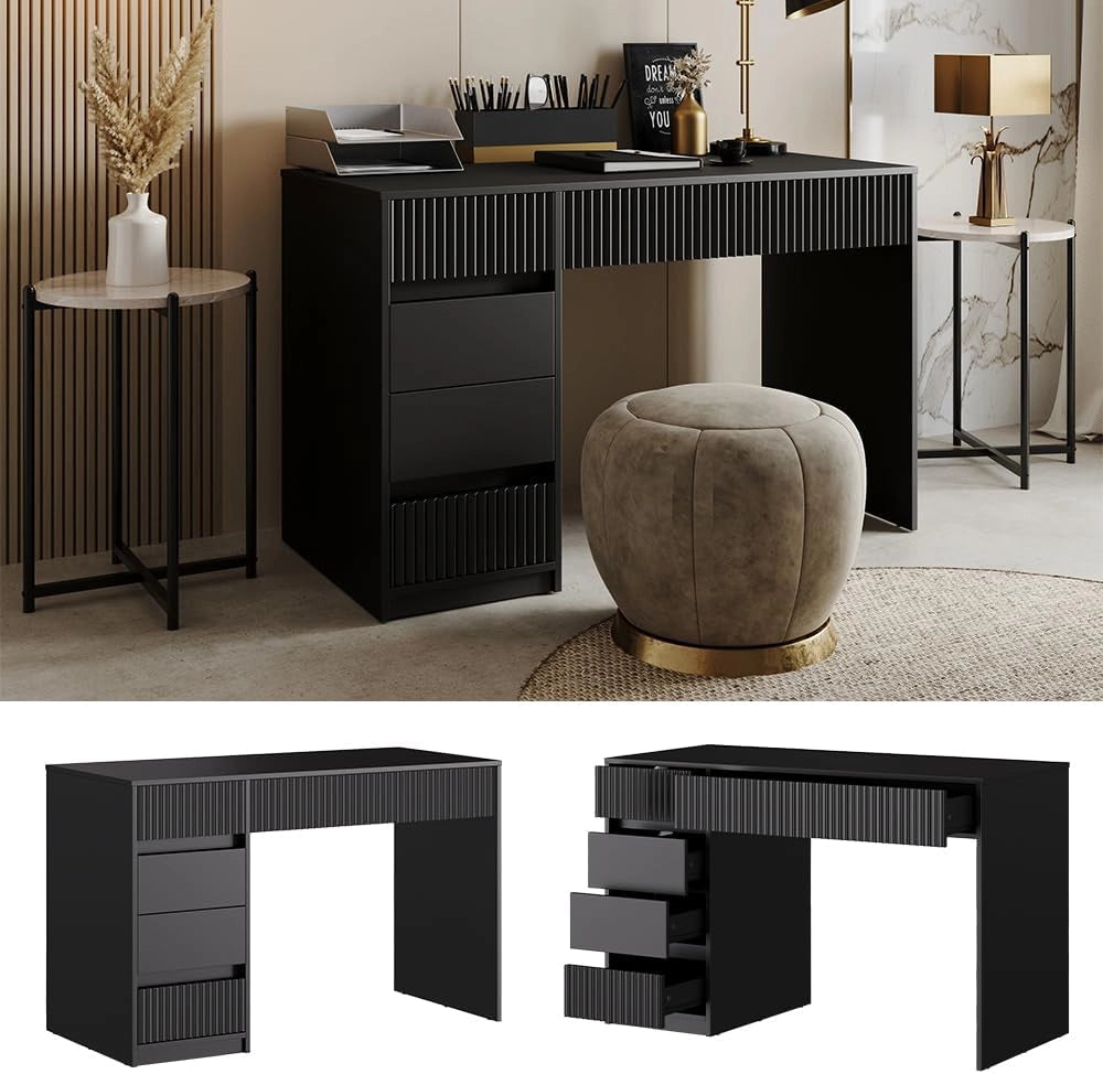 Scrivania Omira, Nero, 120 x 55 cm con 5 cassetti, adatto come postazione di lavoro per home office e studio
