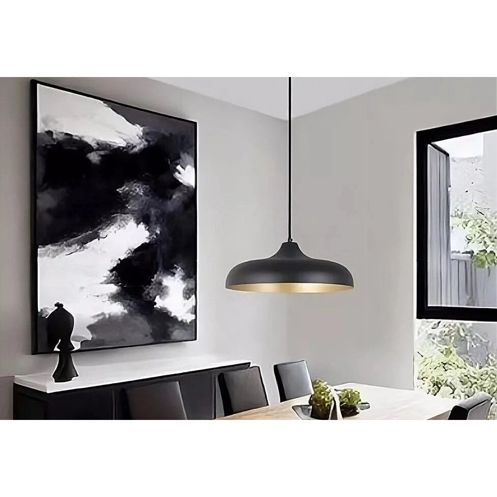 Trade Shop - Lampadario A Sospensione Design Moderno E27 Paralume In Ferro Cupola Nero Oro 33320 -